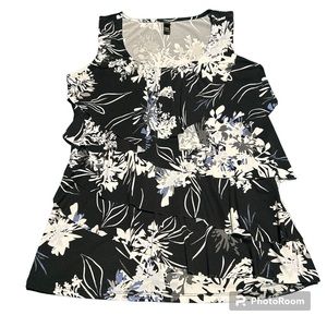 ✨3/$20✨ Denver Hayes Women’s Black Floral Patterned Sleeveless Ruffled Top